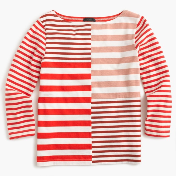 J. Crew Tops - J. Crew Patchwork Red Long Sleeve Striped Tee Sz L